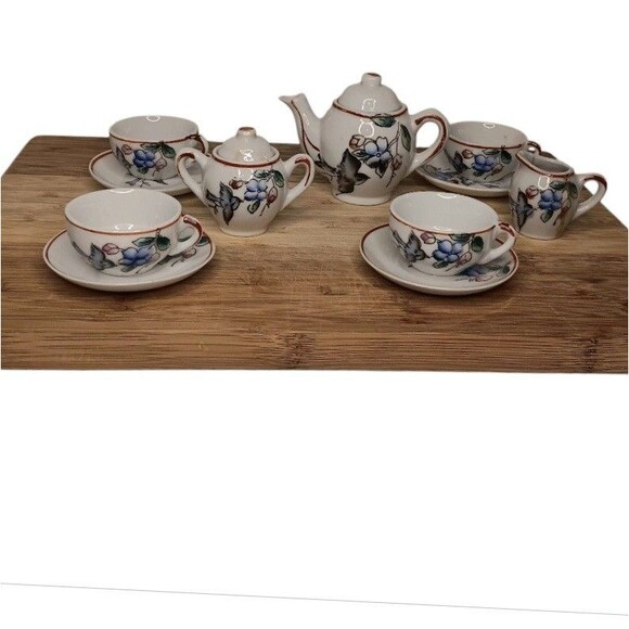VTG Japanese Miniature Child's Tea Set Porcelain Blue Birds & Flowers 13 Pieces - Picture 5 of 16